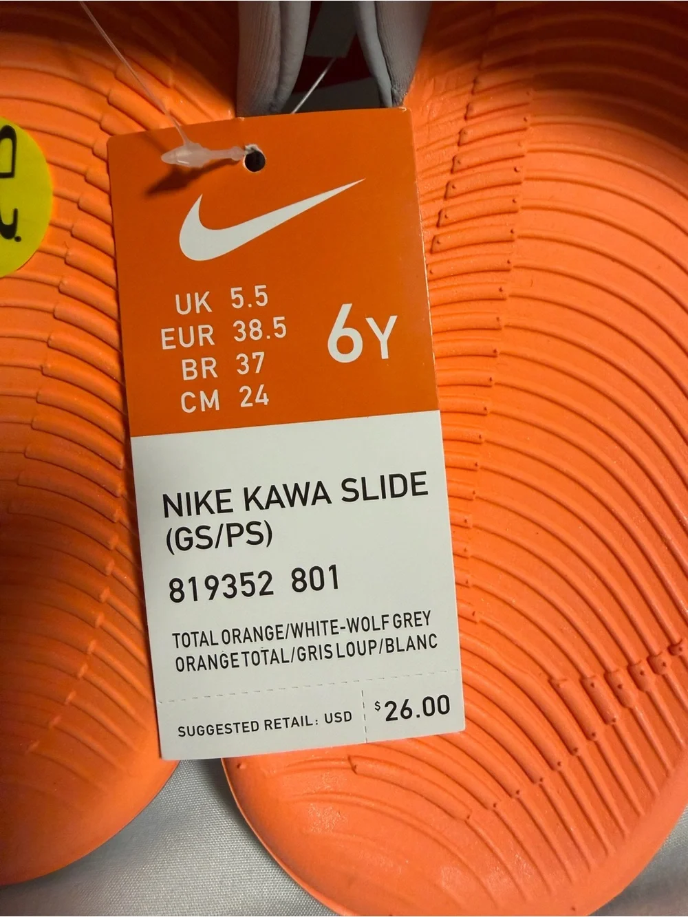 NEW Nike Kawa Slide Kids' Orange and Gray Slip-On Sandals - size 6Y